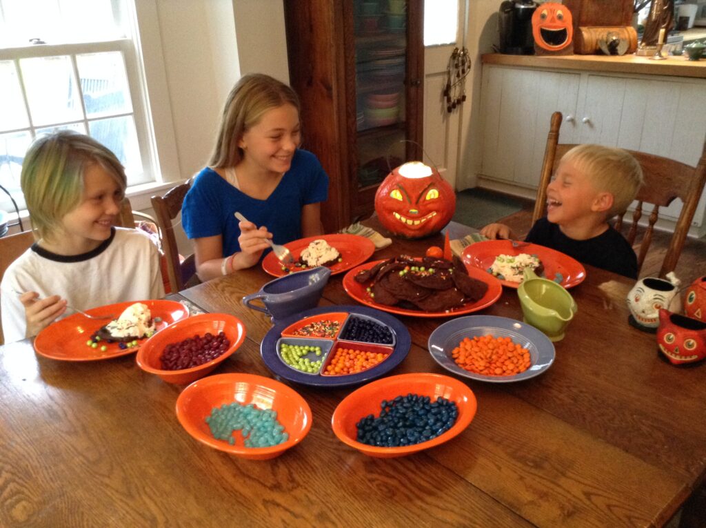 My M & M dish in the center of a Halloween dinner. The relish inserts are Harlequin but the cobalt blue holder is Fiesta.