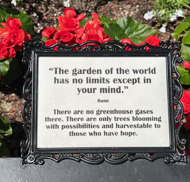 “The garden of the world has no limits except in your mind.”(Rumi) There are no greenhouse gases there. There are only trees blooming with possibilities and harvestable to those who have hope. 